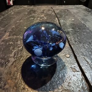 Blue Hand Blown Glass Paperweight Vintage Desk Office Decor